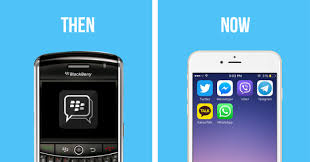 cell phones then and now photo of old BlackBerry phone and new smartphone