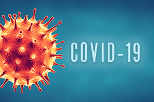 covid-19 graphic image of COVID-19 virus with text label