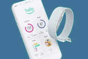 halo photo of a Halo wrist wearable device and the smartphone interface