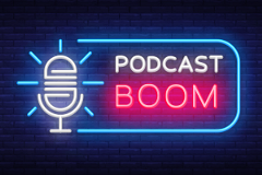 graphic showing a microphone and the words "podcast boom"