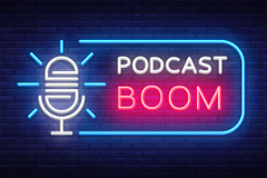podcast-boom graphic showing a microphone and the words "podcast boom"