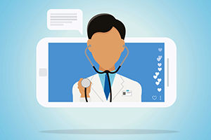 Telehealth graphic of a physician talking on a smartphone screen