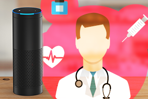 photo of an Amazon Echo device with healthcare images superimposed, such as a doctor with stethoscope, syringe, ECG tracing